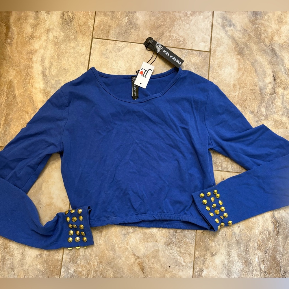 NWT Poof Couture Blue Heart Cutout Crop Top With Gold Embellished Cuffs Size L